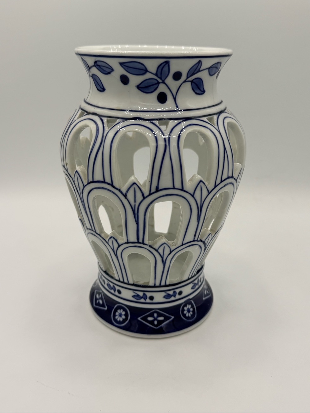 Vintage Blue and White Cutout Ceramic Chinoiserie Vase